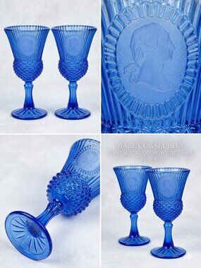 Vtg Avon Cobalt Blue Wine Goblets Set 2 1876 Cape Cod George Martha Washington